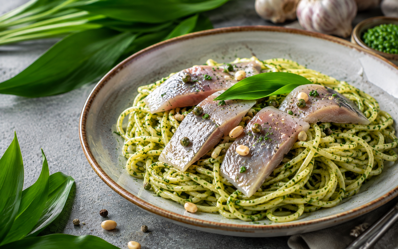 Köstlicher Matjes mit Bärlauch-Spagetti